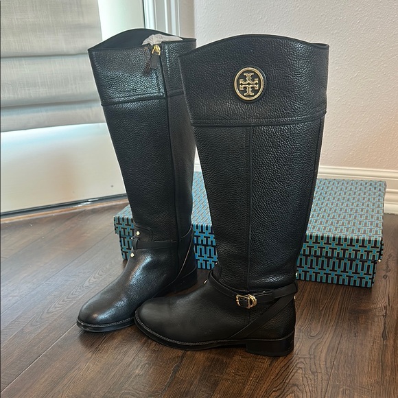 Tory Burch Black Leather Boots with Gold Accents - Picture 3 of 3